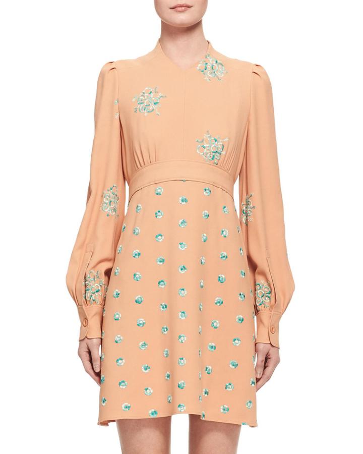 Floral-embroidered Belted Bishop-sleeve Dress, Peach/mint