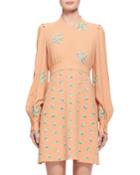 Floral-embroidered Belted Bishop-sleeve Dress, Peach/mint