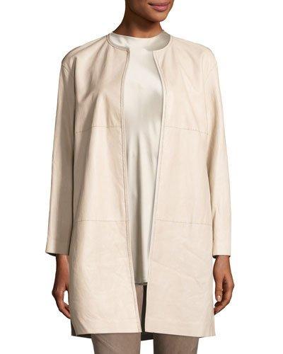 Nancy Long Open-front Lambskin Leather Jacket, Taupe