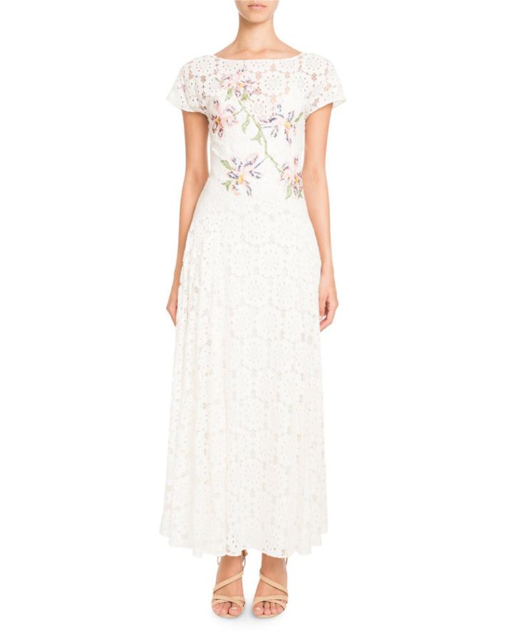Tie-back Short-sleeve Embroidered Paillette Floral-lace Dress