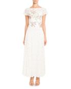 Tie-back Short-sleeve Embroidered Paillette Floral-lace Dress