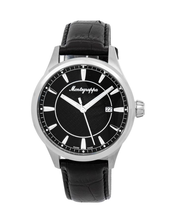 Men's 42mm Fortuna Date Watch W/ Leather Strap, Black/silver