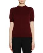 Short-sleeve Bicolor Cashmere Sweater With Leather Zip Detail