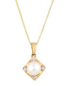 14k Akoya Pearl & Diamond Square Pendant Necklace
