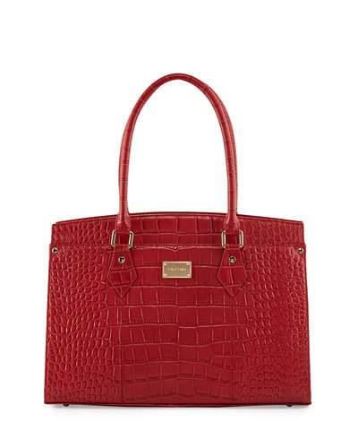 Crocodile-embossed Leather Work Tote Bag, Red