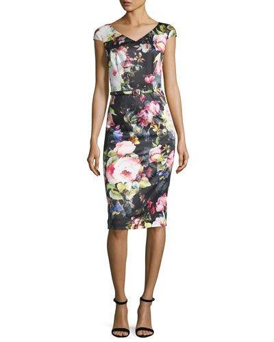 Cap-sleeve Belted Floral Sheath Dress, Black/pink