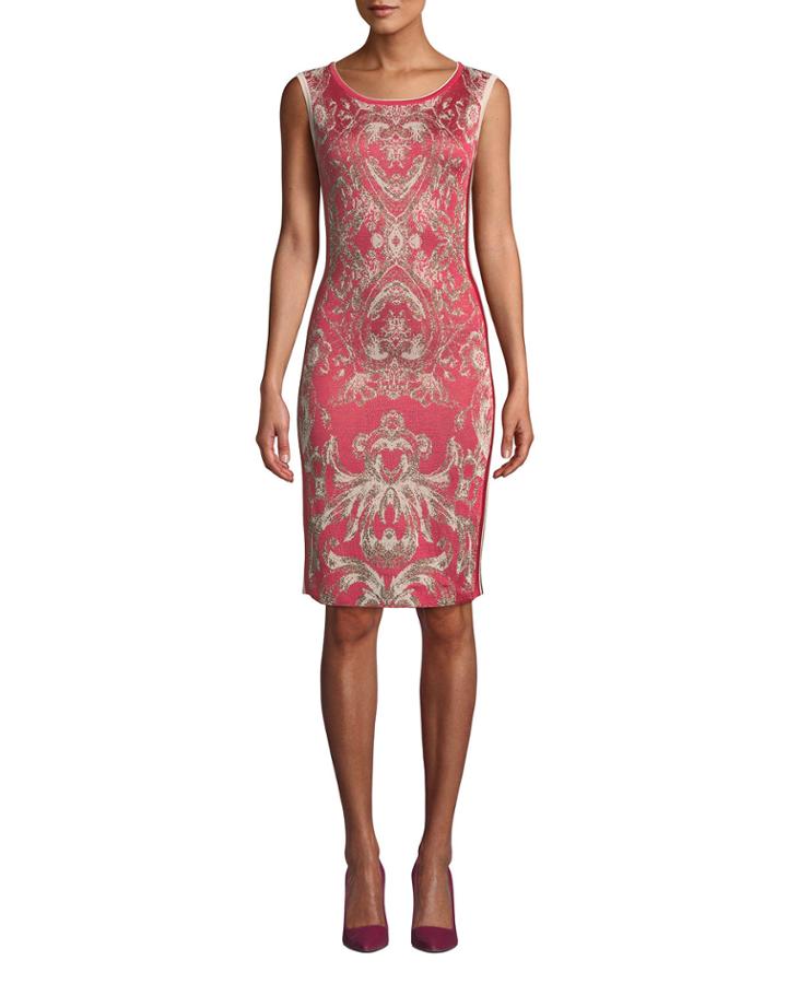 Cap-sleeve Damask-print Cocktail Dress With