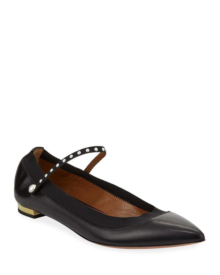 Leather Pearly Strap Ballerina Flats
