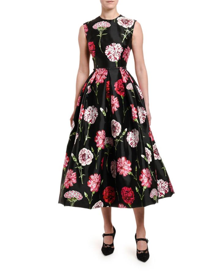 Floral-print Taffeta Tea-length Dress