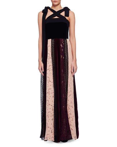 Sleeveless Velvet Combo Gown W/paneled Lace Skirt, Black/multi