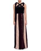 Sleeveless Velvet Combo Gown W/paneled Lace Skirt, Black/multi