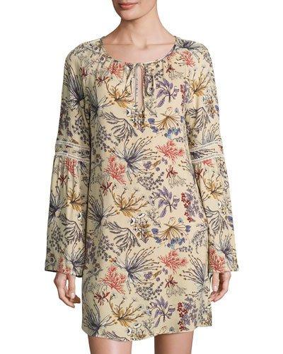 Botanical Raglan-sleeve Shift Dress, Beige