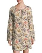 Botanical Raglan-sleeve Shift Dress, Beige