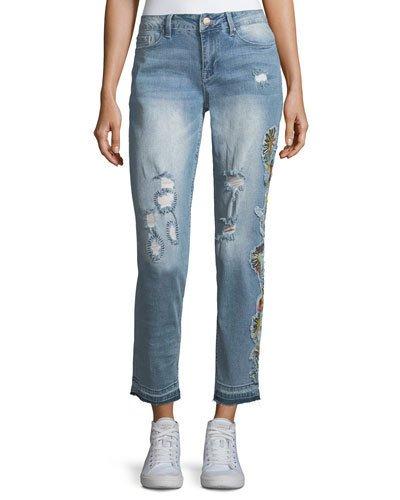 Embroidered Distressed Boyfriend Ankle Jeans