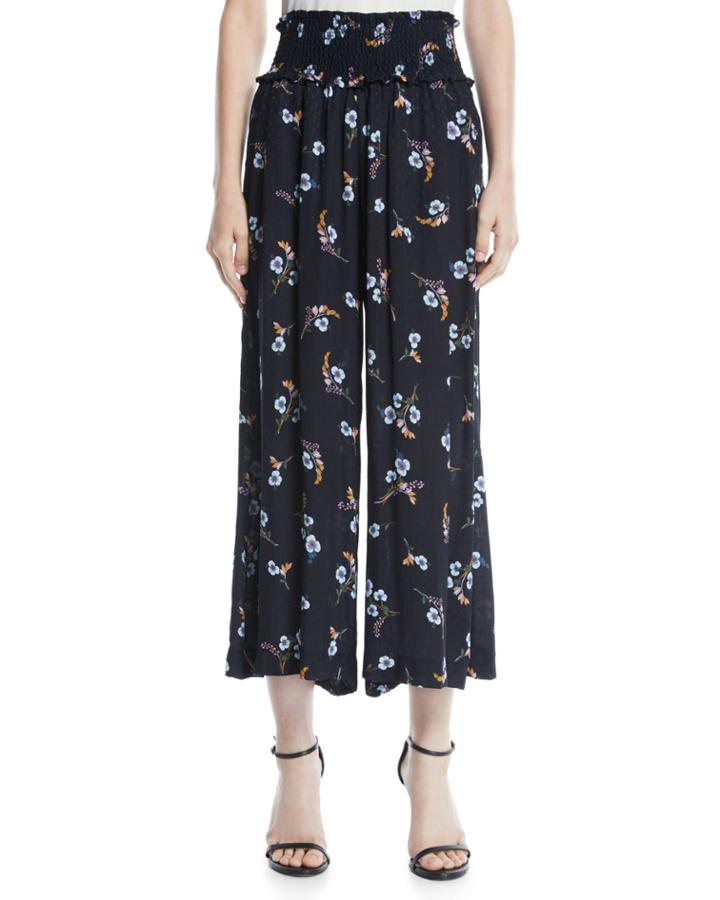 Natalie Smocked-waist Floral-print Cropped Pants