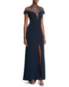 Cap-sleeve Embellished Illusion Gown, Navy