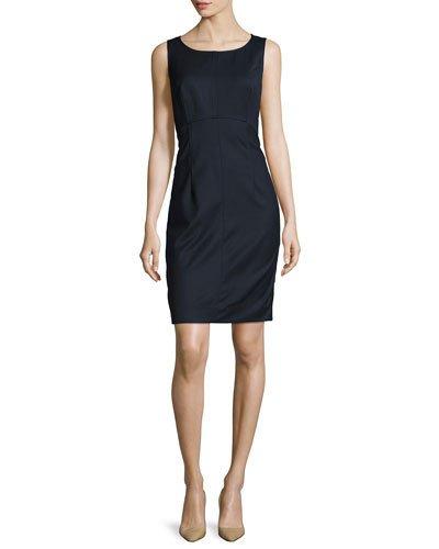 Sleeveless Stretch-wool Gabardine Sheath Dress, Navy