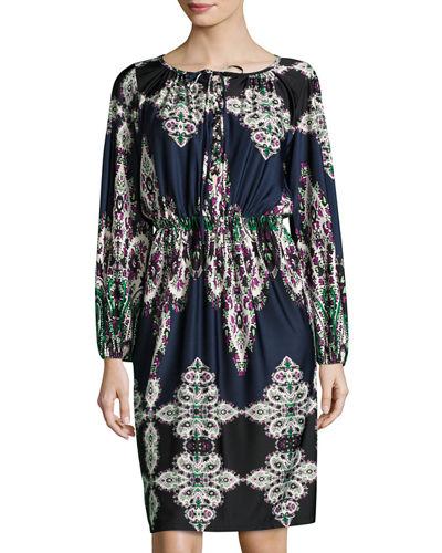 Lace-neck Boho-print Dress