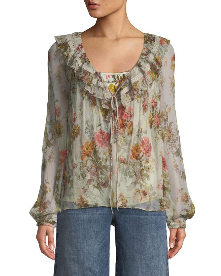 Rainbow Rose Long-sleeve Chiffon Blouse