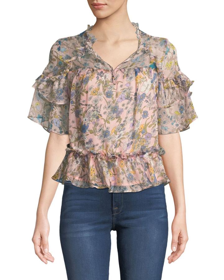 Floral Ruffled V-neck Blouse