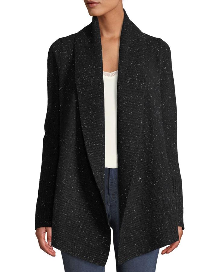 Marled-cashmere Open-front Duster Cardigan, Black