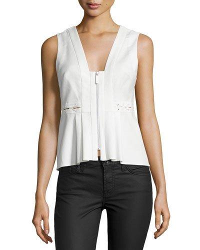 Front-zip Sleeveless Peplum Top, White