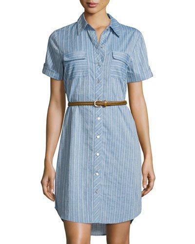 Belted Striped Denim Shirtdress, Dark Blue