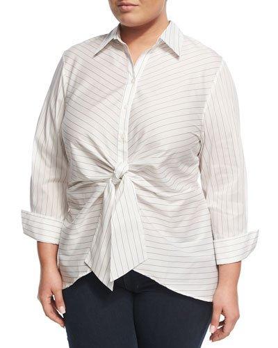 Striped Tie-front Blouse, White/black,