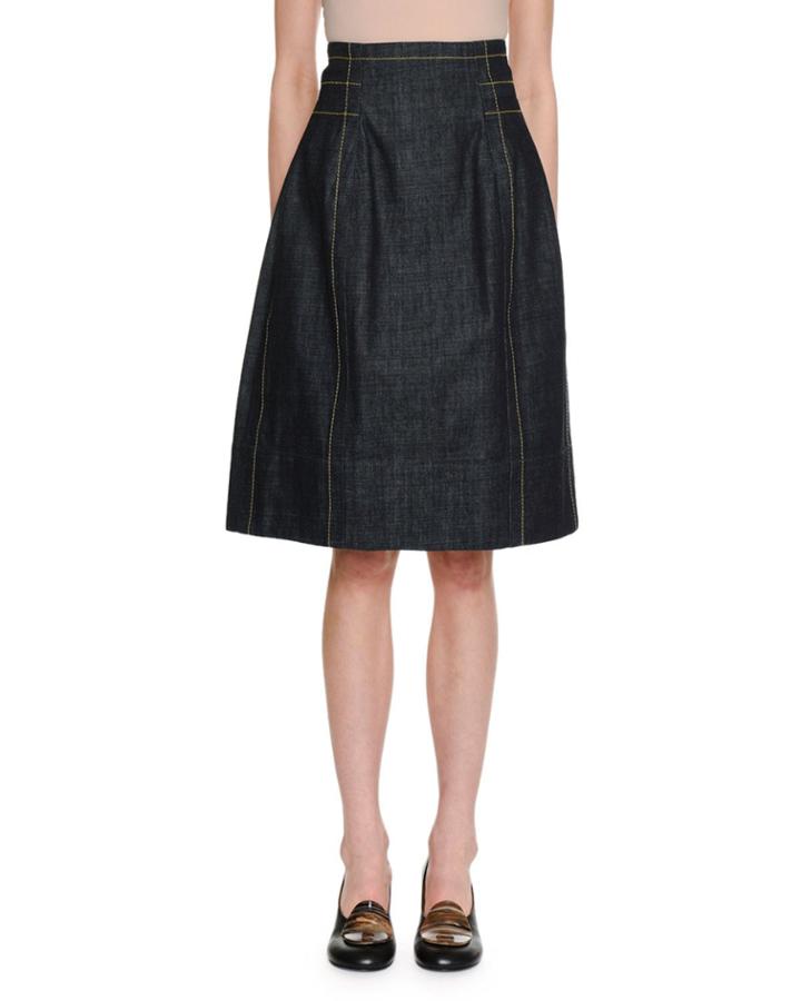 A-line Back-zip Denim Knee-length Skirt W/ Topstitching Detail