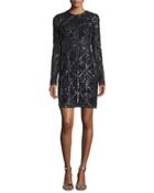 Long-sleeve Beaded Cocktail Dress, Black