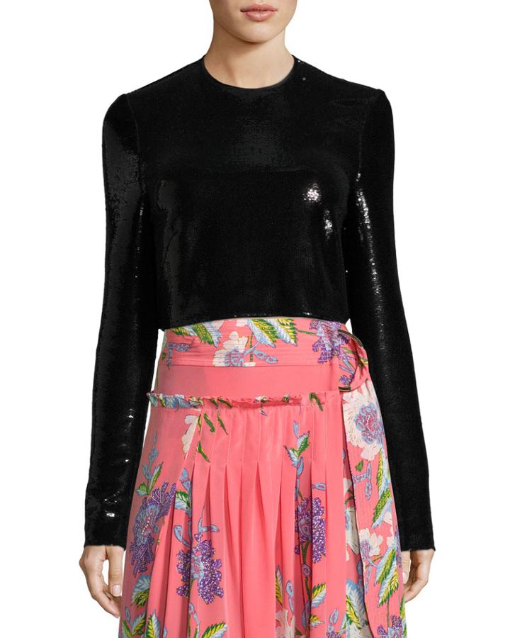 Long-sleeve Sequined Crop Top, Black