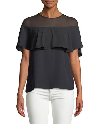 Flutter-sleeve Mesh-yoke Blouse