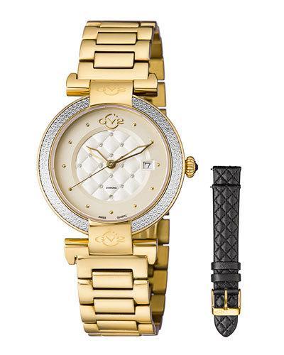 37mm Berletta Quilted Diamond Bracelet Watch, Gold