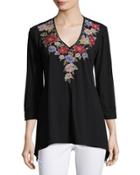 3/4-sleeve Embroidered Tunic, Black