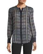 Button-front Long-sleeve Checkered Blouse