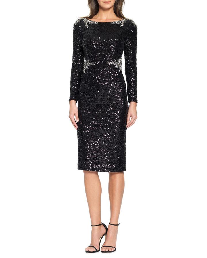 Long-sleeve Sequined Midi Cocktail Dress