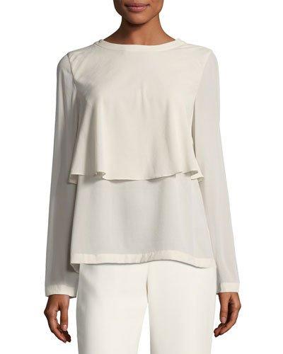 Long-sleeve Flounce Blouse, Ivory