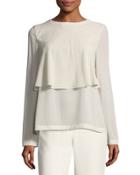 Long-sleeve Flounce Blouse, Ivory