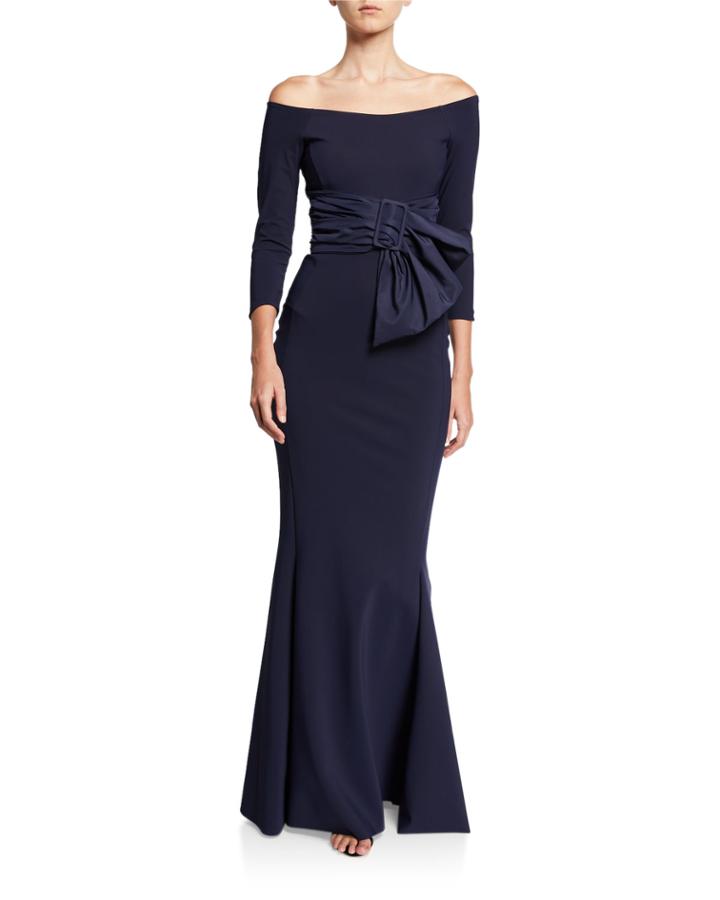 Off-shoulder 3/4-sleeve Belted Gown