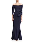 Off-shoulder 3/4-sleeve Belted Gown