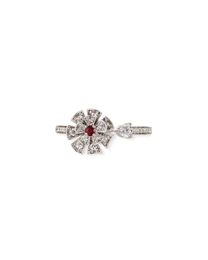 18k White Gold Diamond & Ruby Flower
