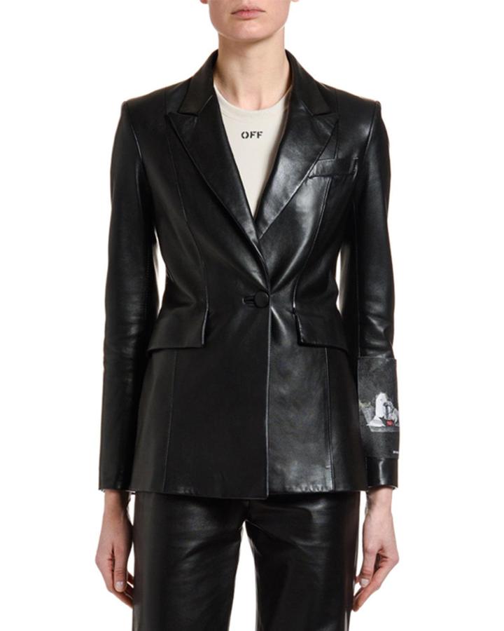 Leather Patch-sleeve Fitted Blazer