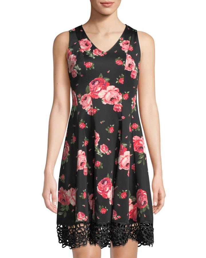 Floral-print Crochet-hem Fit-&-flare Dress
