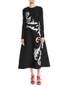 Jewel-neck Long-sleeve Scroll-embroidered Stretch-wool Tea-length Dress