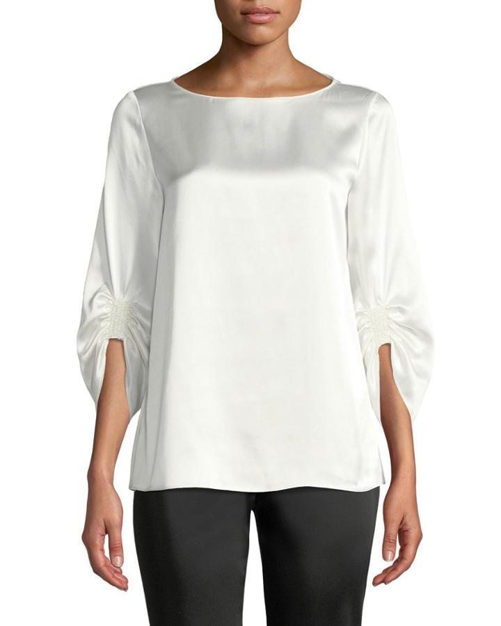 Elisio 3/4-sleeve Bateau-neck Silk Blouse, White
