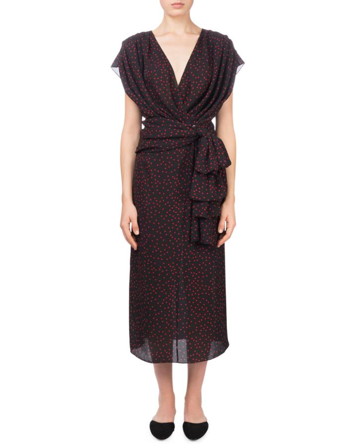 Diablo V-neck Cap-sleeve Polka-dot Silk Wrap Dress