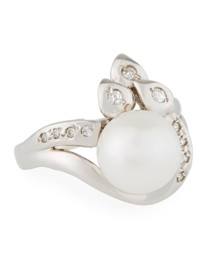14k White Gold Diamond Leaf & Pearl Ring