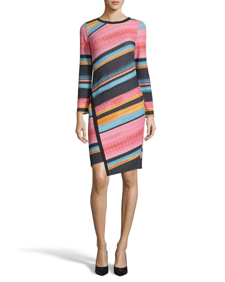 Multi-stripe Crewneck Long-sleeve Dress With Uneven Front