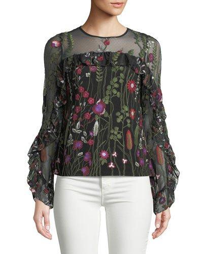 Embroidered Crepe Ruffle Blouse