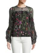 Embroidered Crepe Ruffle Blouse